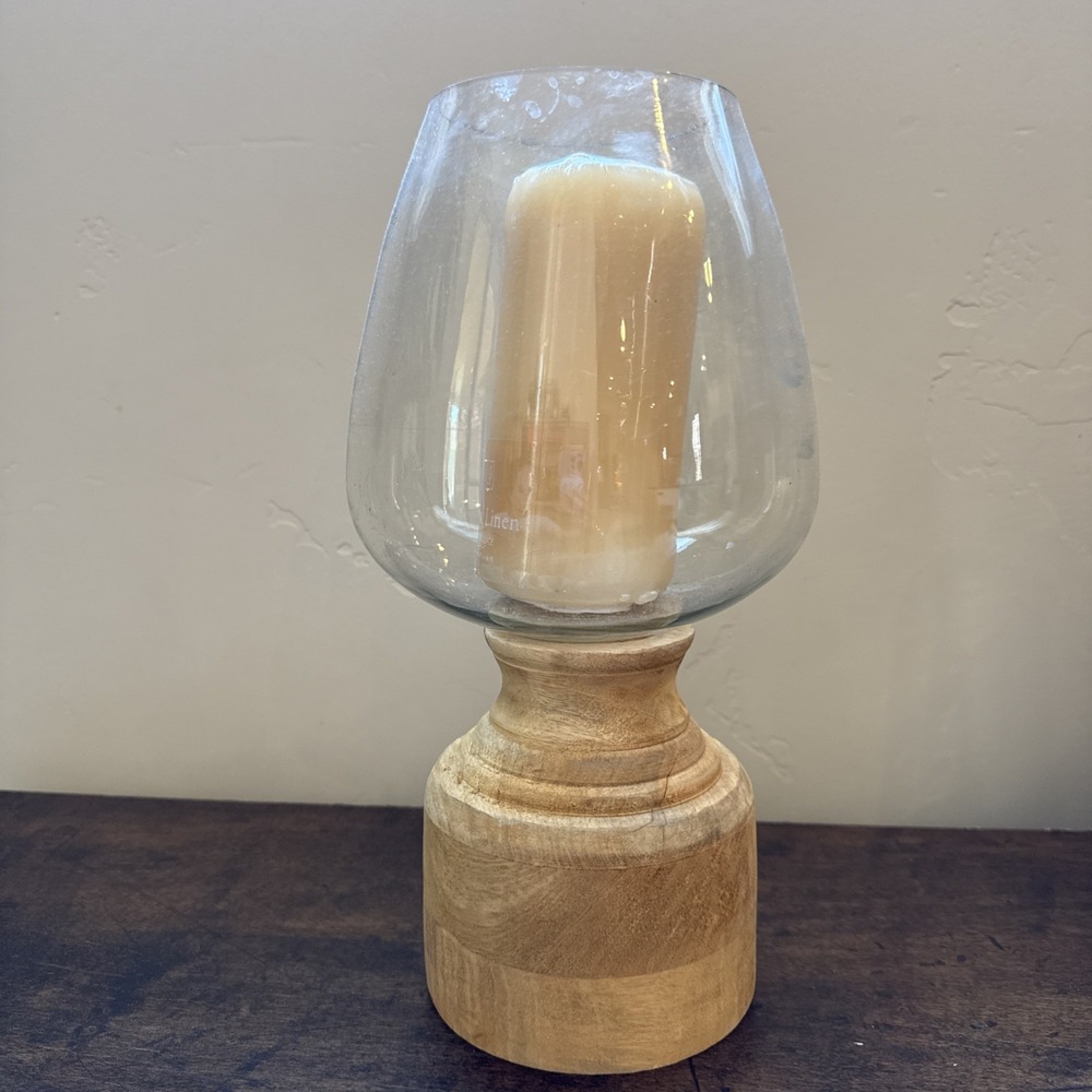 Handmade Wood Candle Holder Hurricane Glass Artisan Farmhouse Table‎ Pedestal